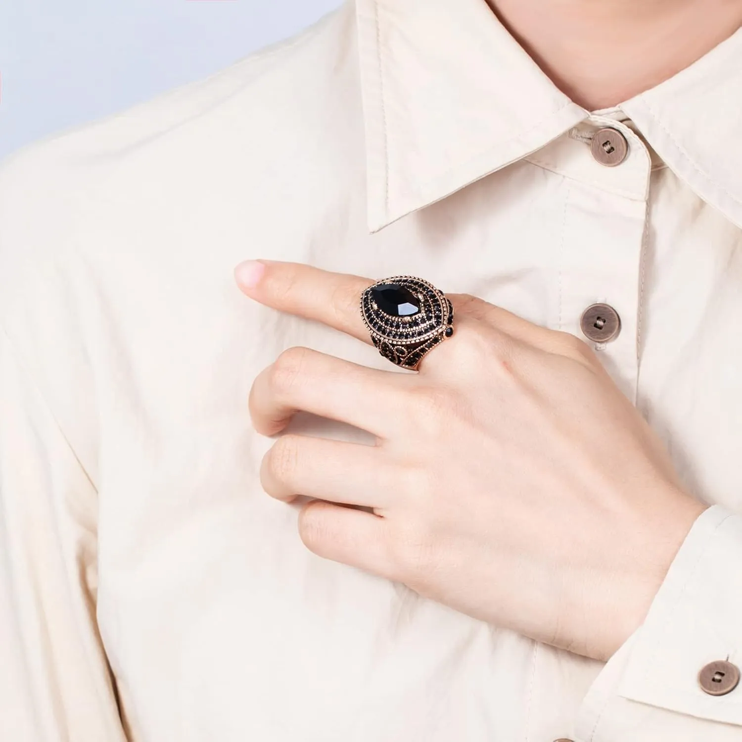 Women Ring - 32mm Big Size Antique Gold Plated Turkish Style Black Gemstone Vintage Ring Women Jewelry J0769BLK