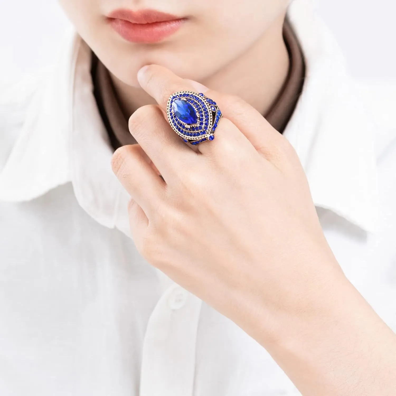 Women Ring - 32mm Big Size Antique Gold Plated Turkish Style Blue Gemstone Vintage Ring Women Jewelry J0769BLUE