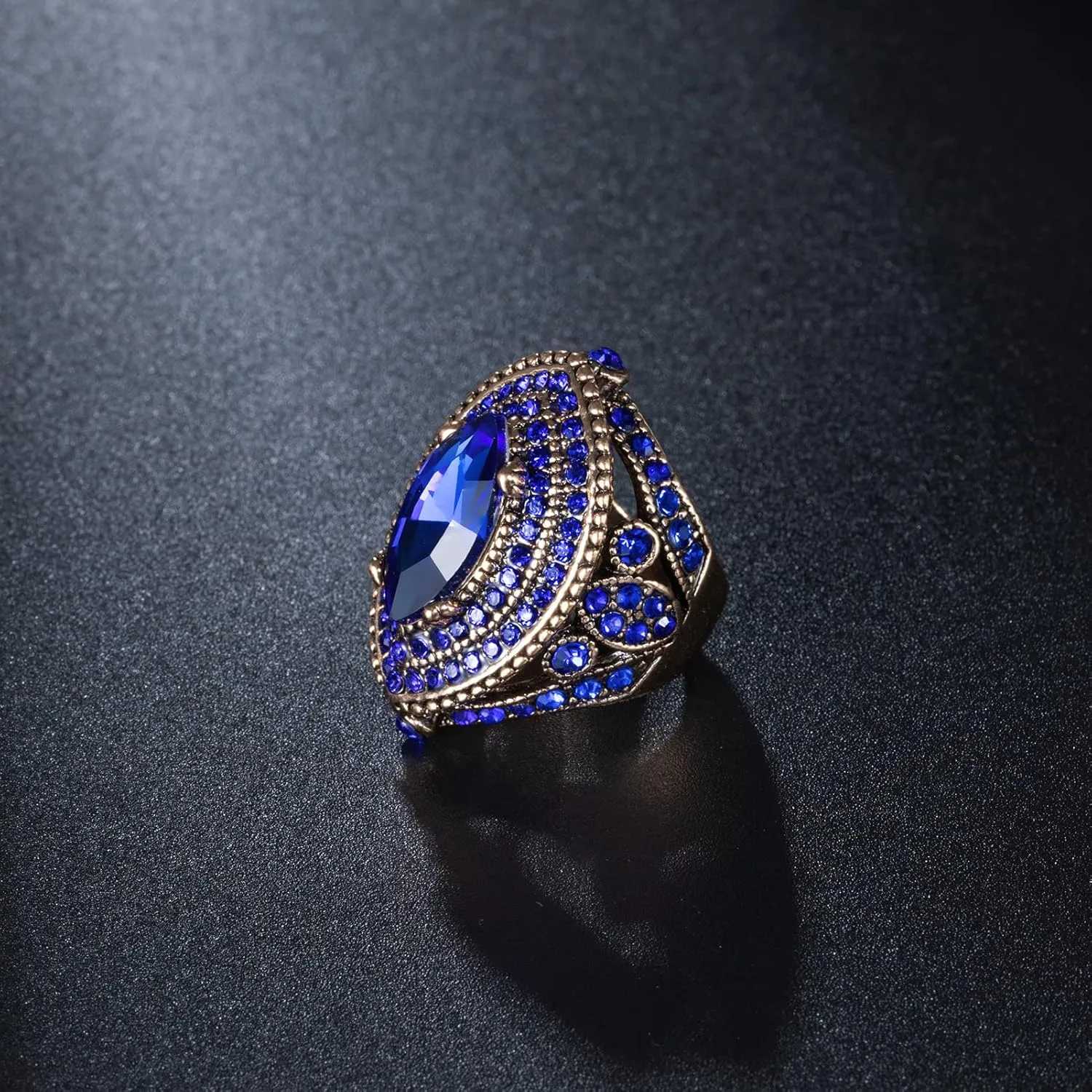 Women Ring - 32mm Big Size Antique Gold Plated Turkish Style Blue Gemstone Vintage Ring Women Jewelry J0769BLUE