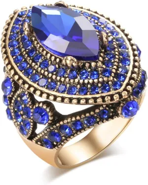 Women Ring - 32mm Big Size Antique Gold Plated Turkish Style Blue Gemstone Vintage Ring Women Jewelry J0769BLUE