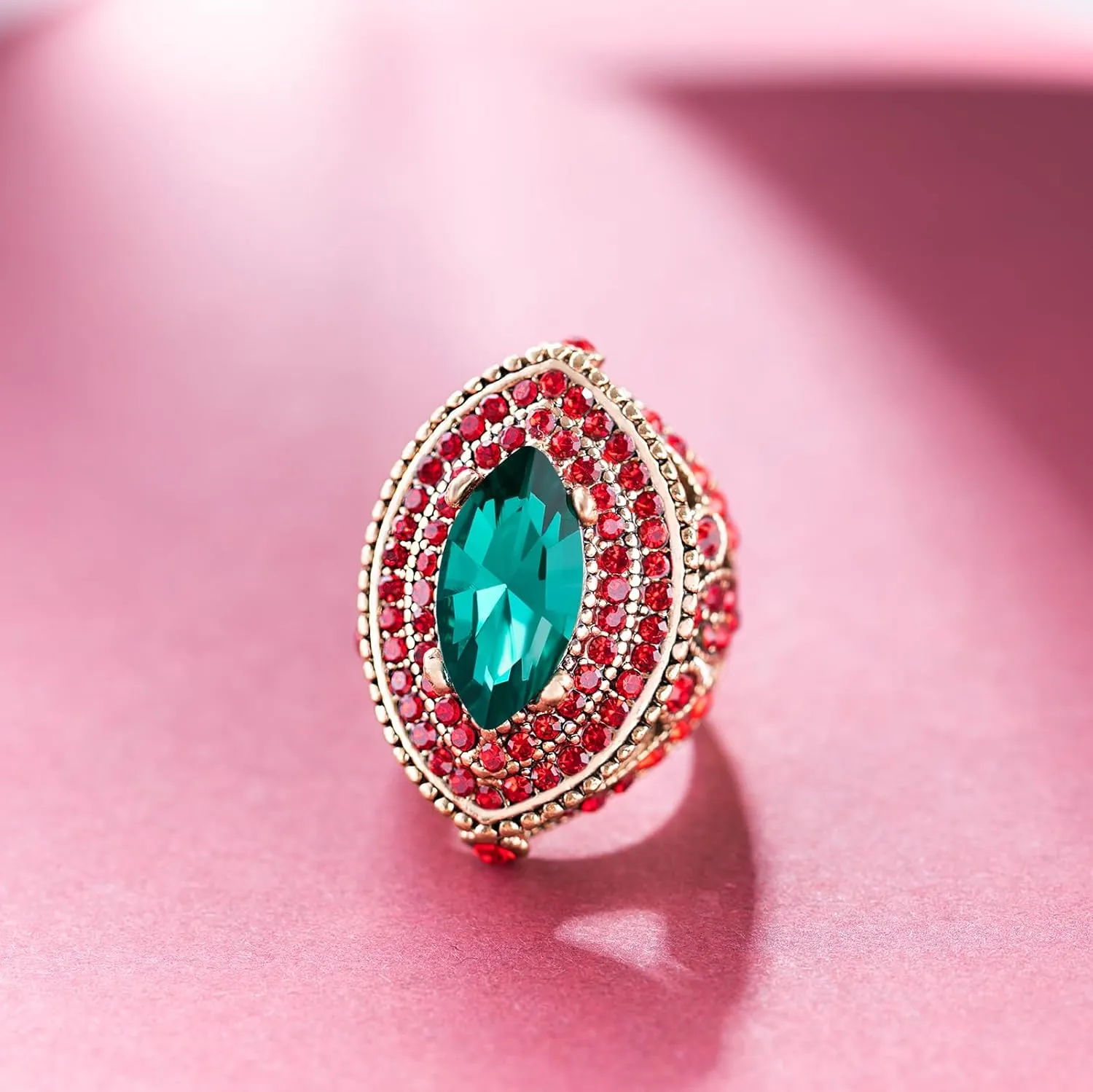 Women Ring - 32mm Big Size Antique Gold Plated Turkish Style Green Red Gemstone Vintage Ring Women Jewelry J0769GreenRed