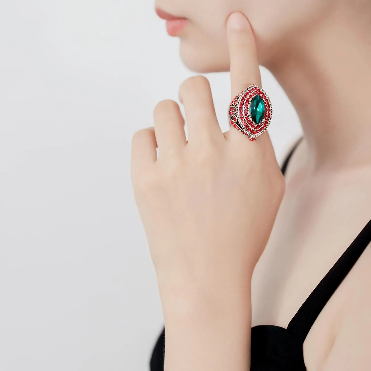 Women Ring - 32mm Big Size Antique Gold Plated Turkish Style Green Red Gemstone Vintage Ring Women Jewelry J0769GreenRed