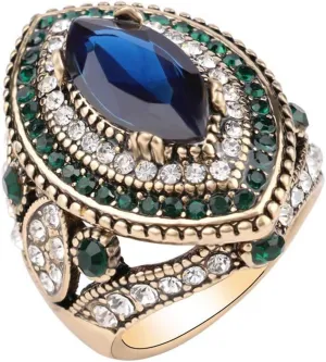Women Ring - 32mm Big Size Antique Gold Plated Turkish Style Multi-Colored Gemstone Vintage Ring Women Jewelry J0769G