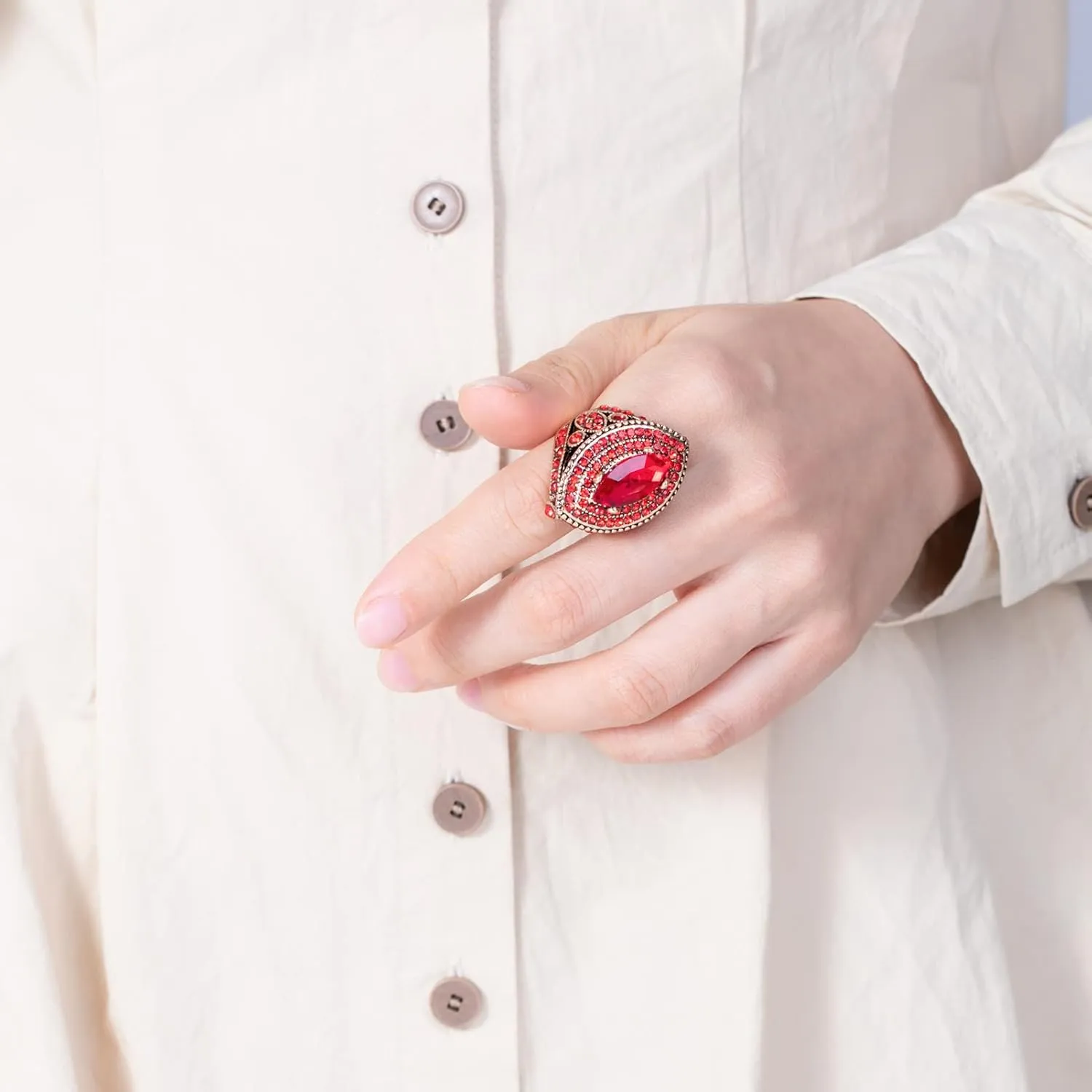 Women Ring - 32mm Big Size Antique Gold Plated Turkish Style Red Gemstone Vintage Ring Women Jewelry J0769RED