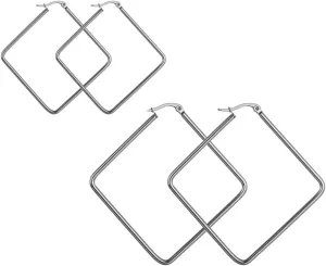 Women's 2 Pairs Lightweight Surgical Stainless Steel Hoop Earrings Set 50mm 35mm Diameter