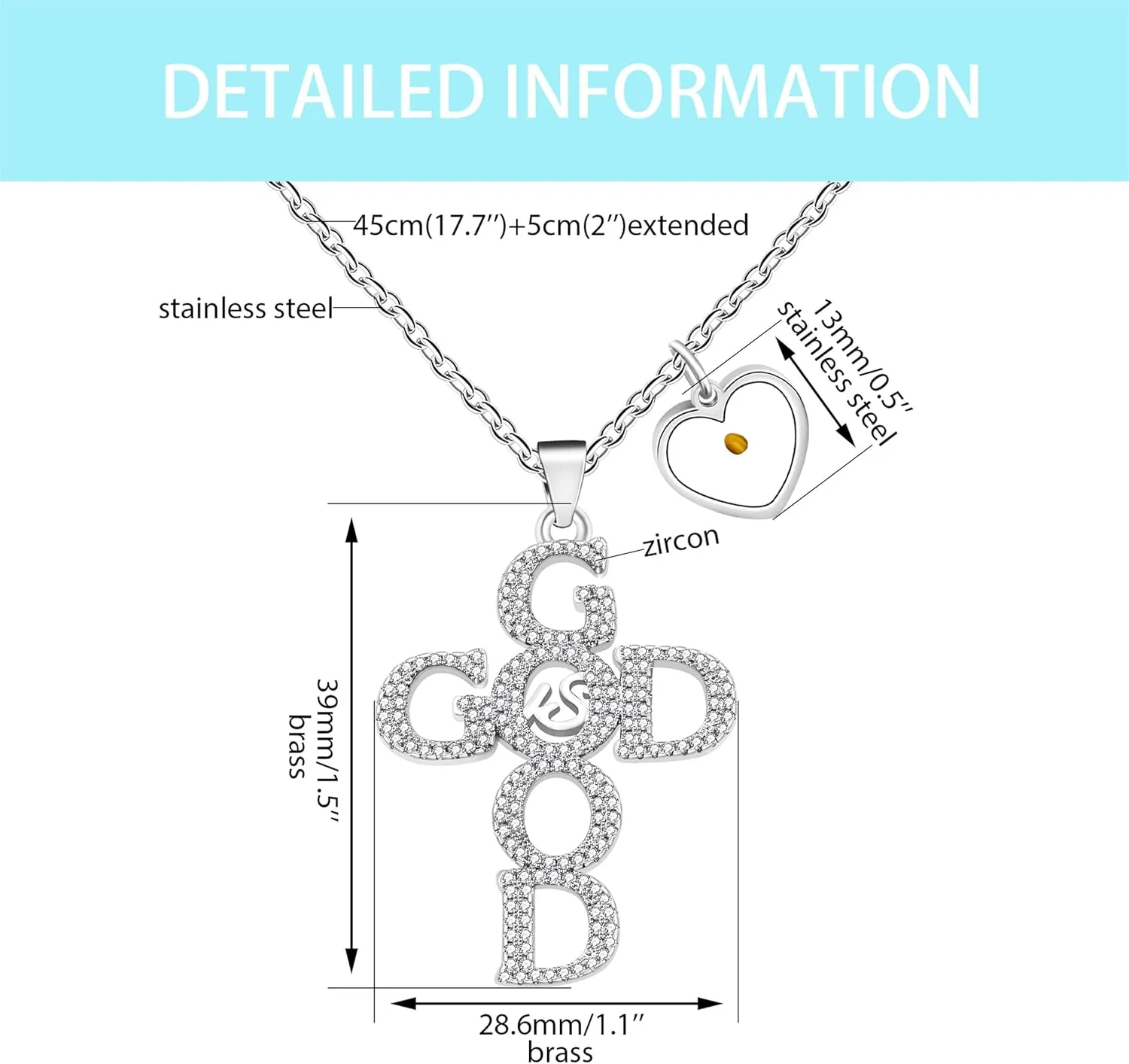 Women's Cross Necklace | Letter Pendant with GOOD and GOD Design | Copper Pendant with Shining Zirconia Mustard Seed Charm Faith Jewelry for Women Wife Mom Religious Occasions