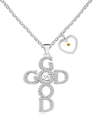Women's Cross Necklace | Letter Pendant with GOOD and GOD Design | Copper Pendant with Shining Zirconia Mustard Seed Charm Faith Jewelry for Women Wife Mom Religious Occasions