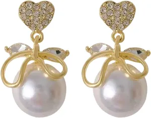 Women's Crystal Pearl Drop Earring Funny Dainty Heart Bowknot Rhinestone Dangle Earring Fashion Jewelry for Women