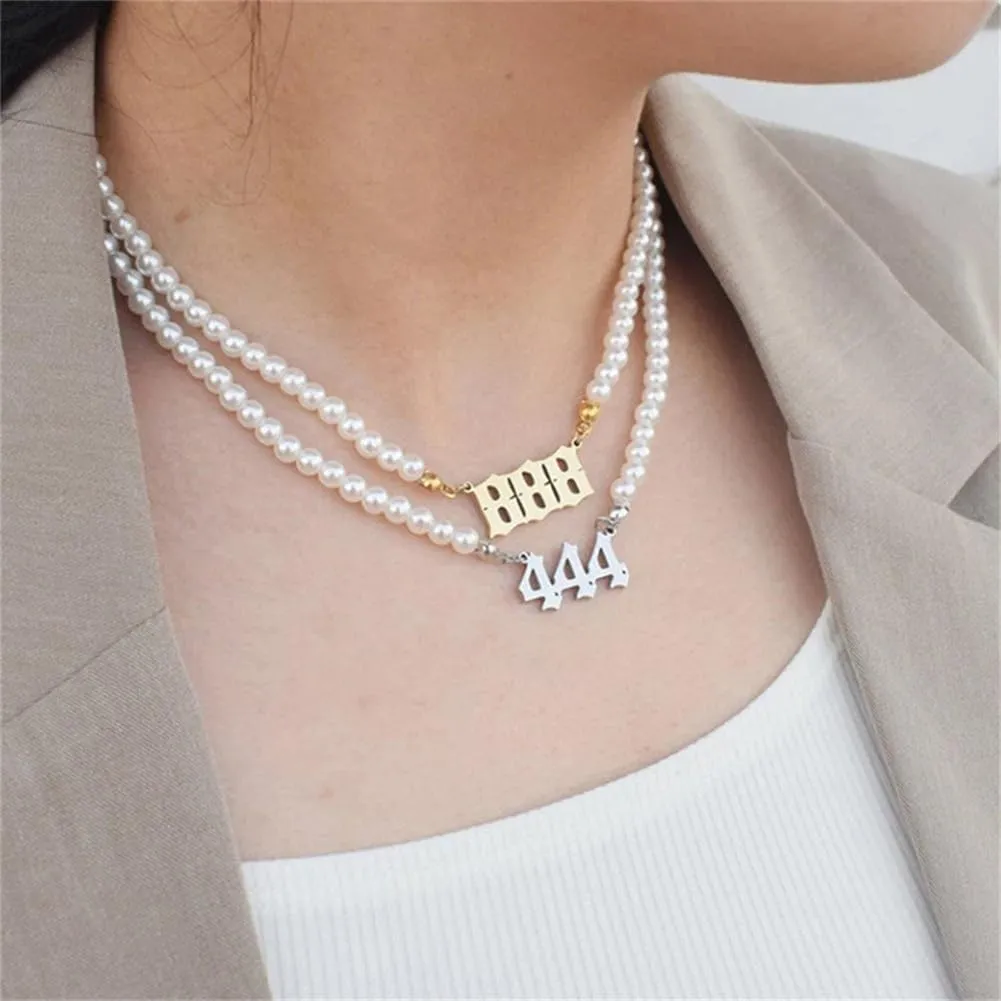 Women's Stainless Steel Imitation Pearl Angel Numbers Necklace 000-999 Pendant Charm Numerology Jewelry