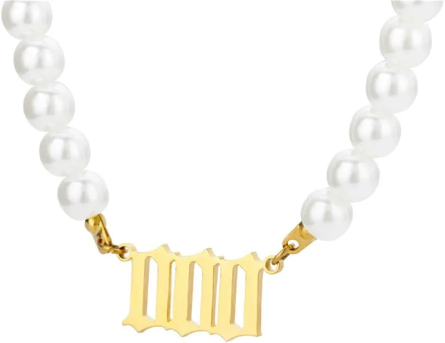 Women's Stainless Steel Imitation Pearl Angel Numbers Necklace 000-999 Pendant Charm Numerology Jewelry