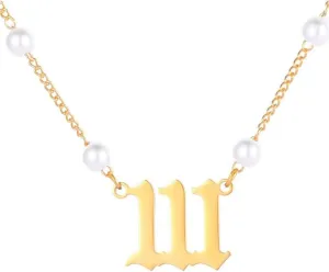 Women's Stainless Steel Simple Hip Hop Dainty Imitation Pearl Angel Number Necklace 111 to 999 Choker Chain Numerology Jewelry