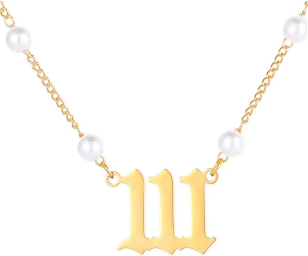 Women's Stainless Steel Simple Hip Hop Dainty Imitation Pearl Angel Number Necklace 111 to 999 Choker Chain Numerology Jewelry