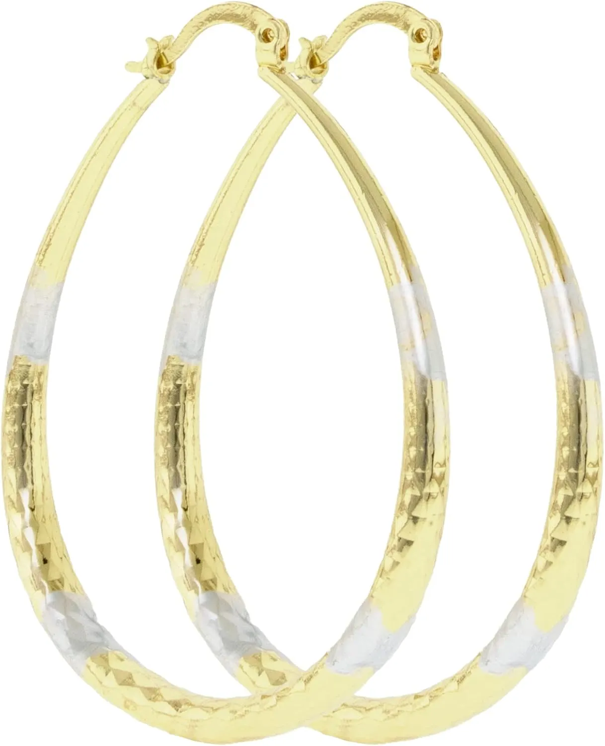Women's Two Tone 14K Gold Filled Big Tear Drop Hoop Earrings Medium Large Extra Large Oversize 40-70mm Diamond Cut Oval Shaped Lightweight Hollow Hoop Earrings