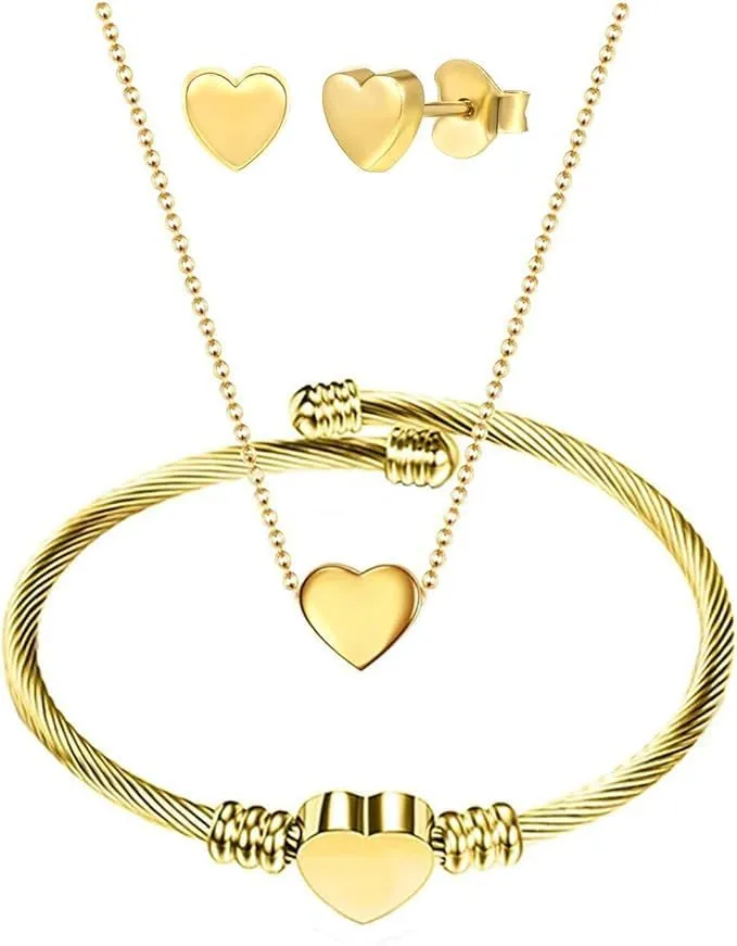 XAM 3 Pcs/set Elegance Heart Jewelry Set Stainless Steel Heart Shaped Necklace Bracelet and Stud Earring for Women