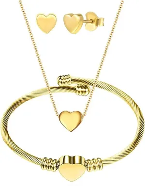 XAM 3 Pcs/set Elegance Heart Jewelry Set Stainless Steel Heart Shaped Necklace Bracelet and Stud Earring for Women