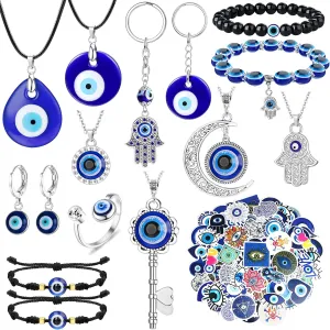 YADOCA 12/15Pcs Evil Eye Necklace, Bracelet, Earring, Ring, Keychain & Hamsa Hand Pendant - Turkish Protection Jewelry Set with 50Pcs Evil Eye Stickers