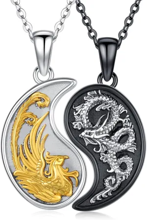 Yin Yang Dragon Phoenix Necklace 925 Sterling Silver Dragon and Phoenix Matching Pendant Necklace,Yin Yang Couples Friendship Jewelry for Women Men