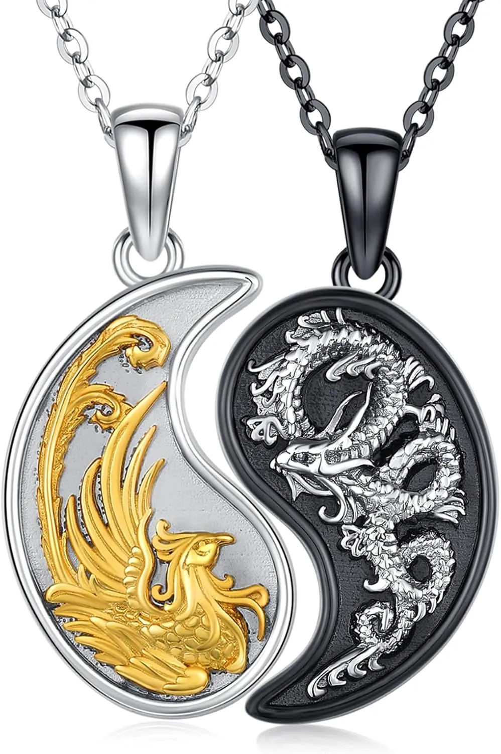 Yin Yang Dragon Phoenix Necklace 925 Sterling Silver Dragon and Phoenix Matching Pendant Necklace,Yin Yang Couples Friendship Jewelry for Women Men