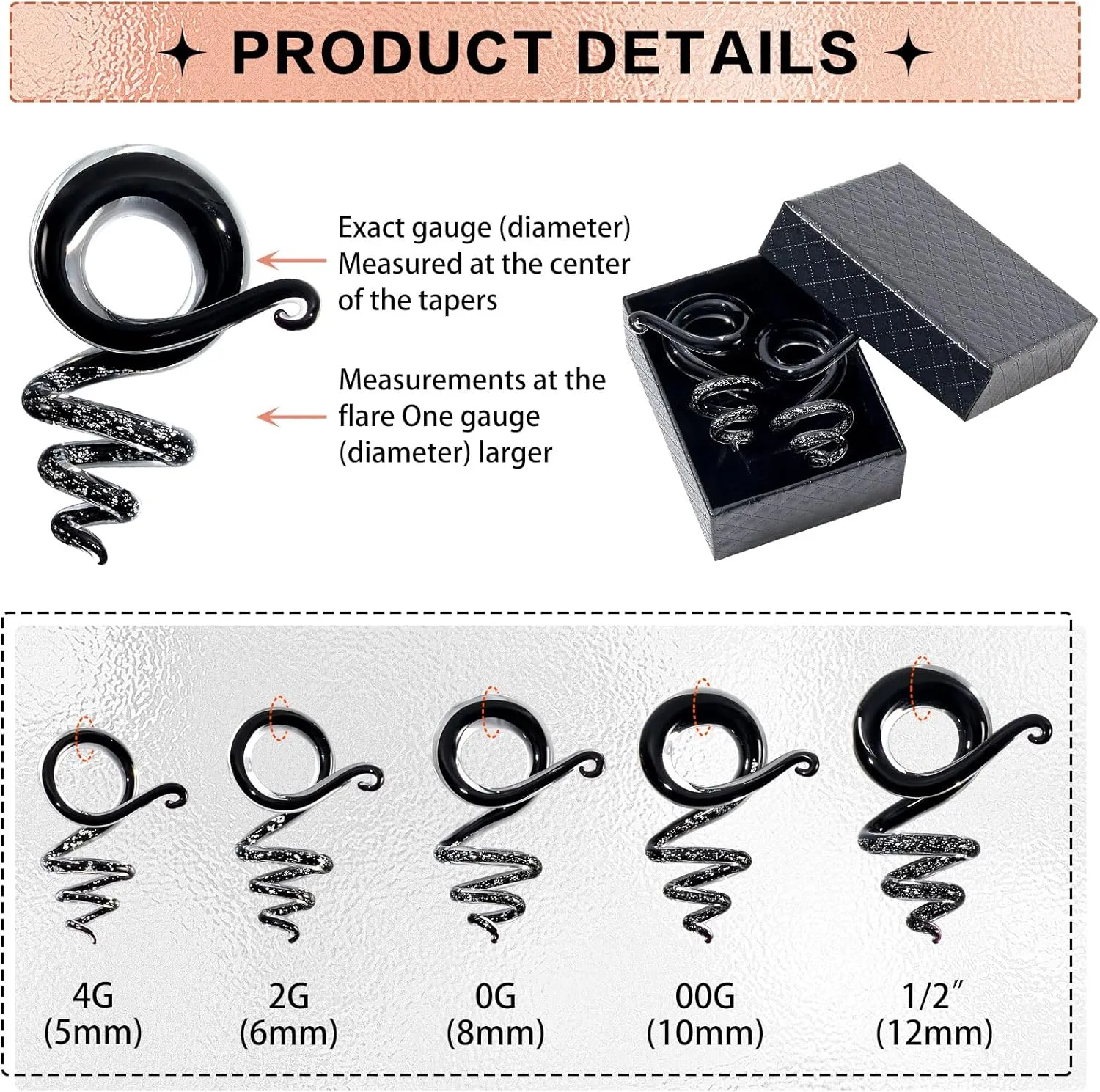 YOFANST 2pcs Glass Tapers Multi-Colors Spiral Plugs Piercing Ear Gauges Flesh Tunnel 4G-1/2 inch 5-12MM