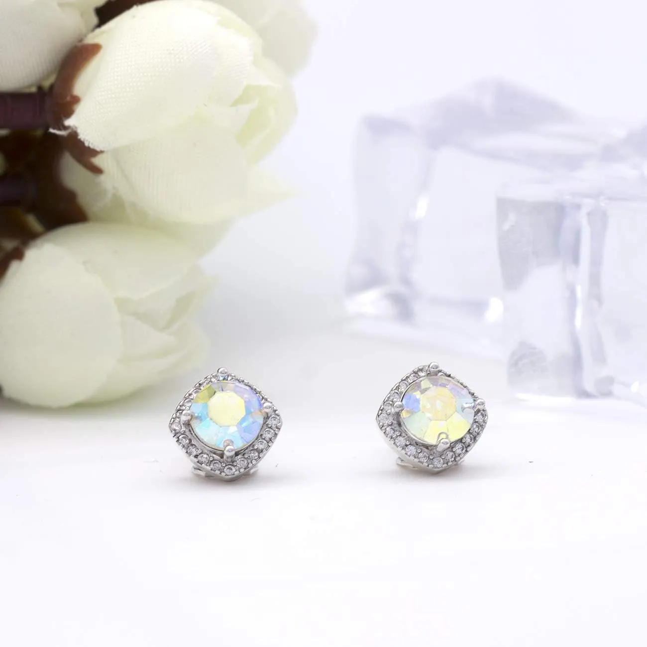 YOQUCOL 7mm Cubic Zirconia Crystal Clip On Square Non Pierced Stud Earrings For Women