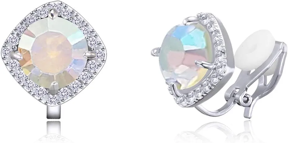 YOQUCOL 7mm Cubic Zirconia Crystal Clip On Square Non Pierced Stud Earrings For Women