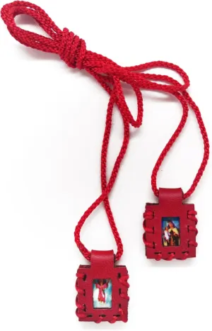 Zaraleas Mini Scapular Red Leather Handmade of Sacred Heart of Jesus, Virgin of Carmen, Virgin of Guadalupe and St. Michael Archangel. 1.3cm x 1.5cm